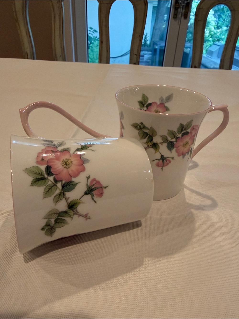 Queen's Fine Bone China pair of 2 small coffee tea mugs floral pink silver trim